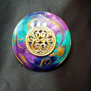 Y2K Gold Purple Teal Circle Brooch Pin Gold Tone